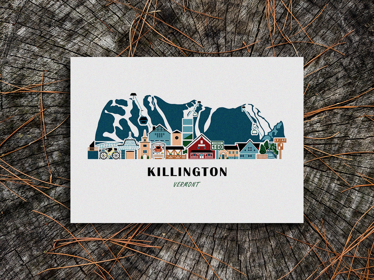 Art print of buildings arranged in a skyline with the text Killington Vermont