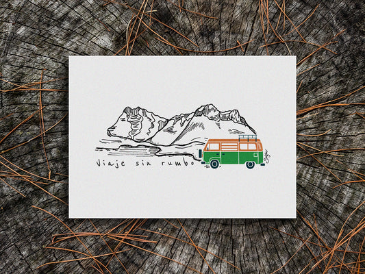 Art print of a green van with mountains in the background and the text Viaje sin rumbo