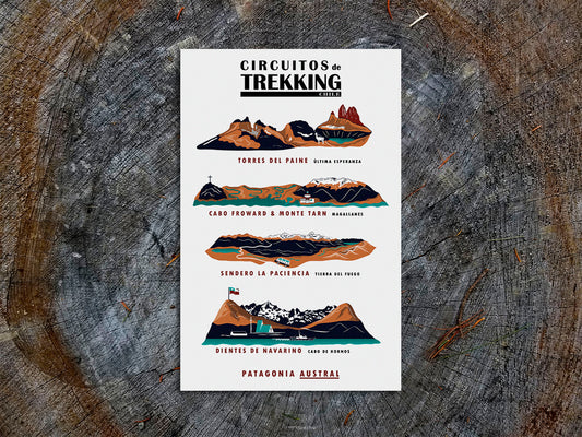 Vertical poster with landscape ridgeline illustrations of four mountains/treks. Poster title reads Circuitos de Trekking Chile, Patagonia Austral. And the four featured treks listed are Torres del Paine Última Esperanza, Cabo Froward & Monte Tarn Magallanes, Sendero La Paciencia Tierra del Fuego, and Dientes de Navarino Cabo de Hornos.