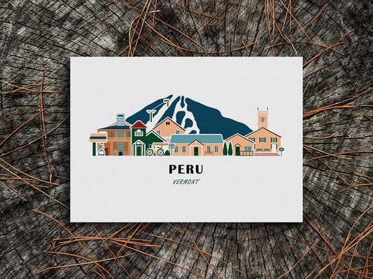 Art print of buildings arranged in a skyline with the text Peru Vermont
