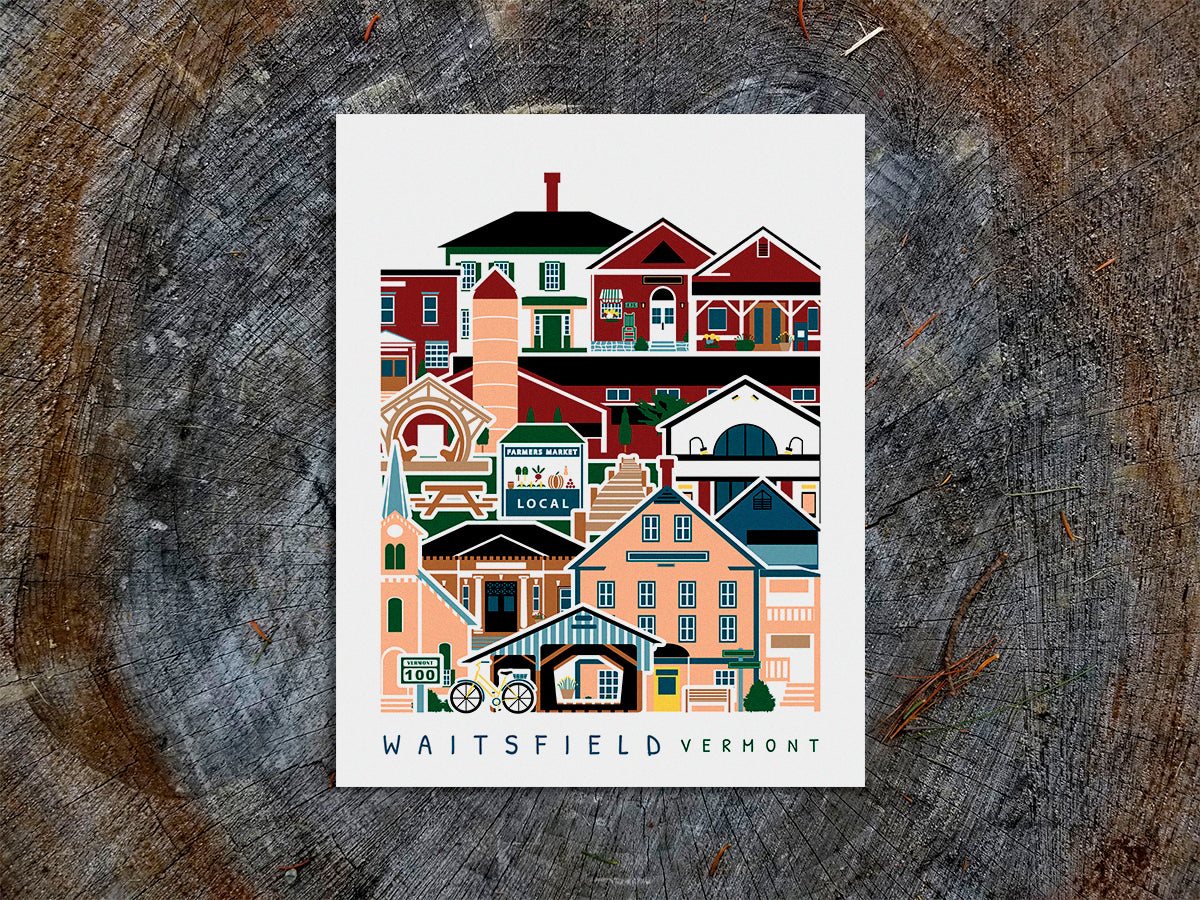 Vertical poster with buildings and landmarks in a stacked arrangement with the text Waitsfield Vermont.