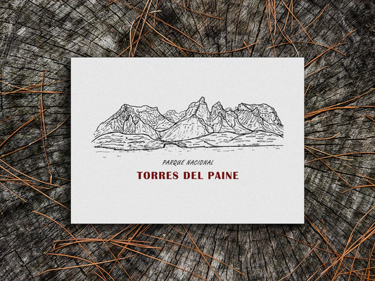 Art print of black and white mountains and the text Parque Nacional Torres del Paine