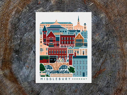 Vertical poster with buildings and landmarks in a stacked arrangement with the text Middlebury Vermont.