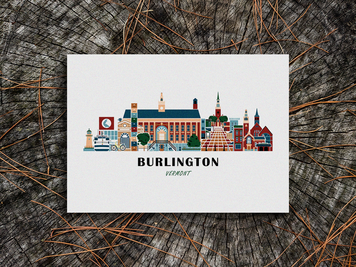 Art print of buildings arranged in a skyline with the text Burlington Vermont