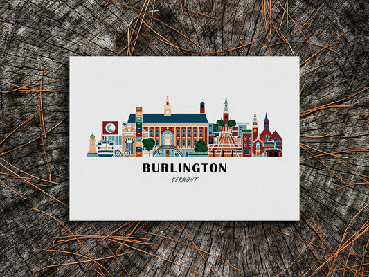 Art print of buildings arranged in a skyline with the text Burlington Vermont