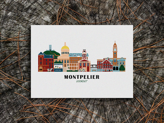 Art print of buildings arranged in a skyline with the text Montpelier Vermont