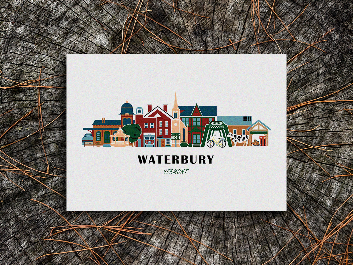 Art print of buildings arranged in a skyline with the text Waterbury Vermont