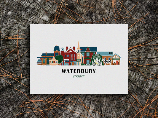 Art print of buildings arranged in a skyline with the text Waterbury Vermont