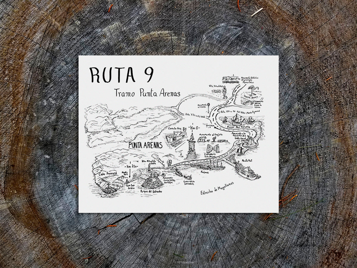 Black and white ink illustrated map with title Ruta 9 Tramo Punta Arenas of buildings, mountains and roads along scenic Route 9 of Patagonia Chile.