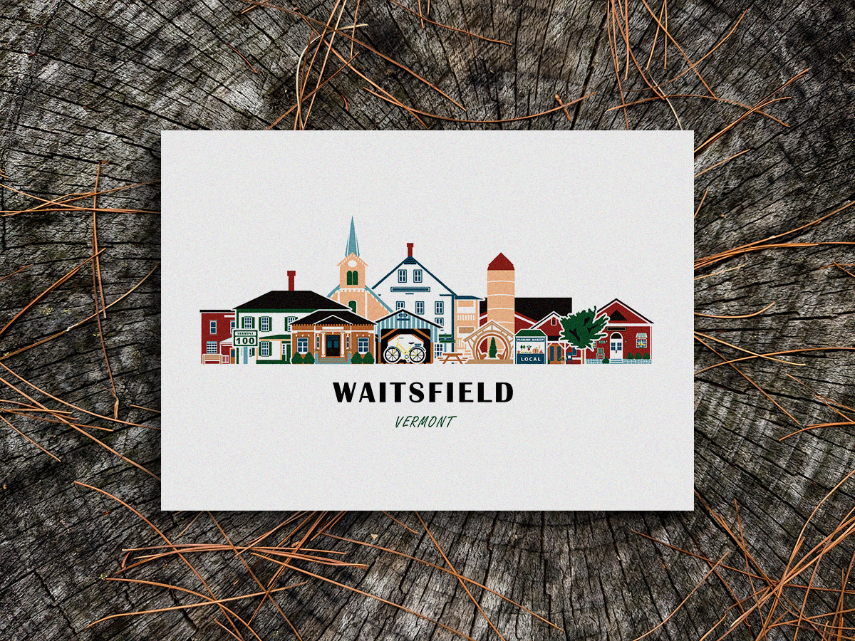 Art print of buildings arranged in a skyline with the text Waitsfield Vermont