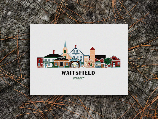 Art print of buildings arranged in a skyline with the text Waitsfield Vermont