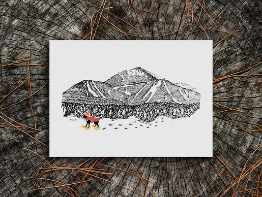 Art print of a dog with a red vest and hat snow shoeing with mountains in the background