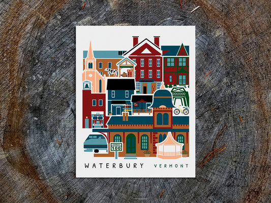 Vertical poster with buildings and landmarks in a stacked arrangement with the text Waterbury Vermont.
