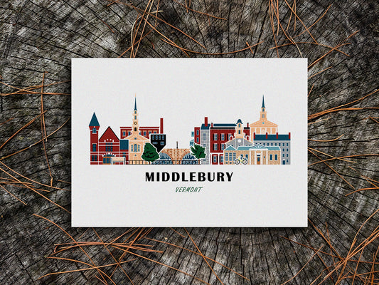 Art print of buildings arranged in a skyline with the text Middlebury Vermont