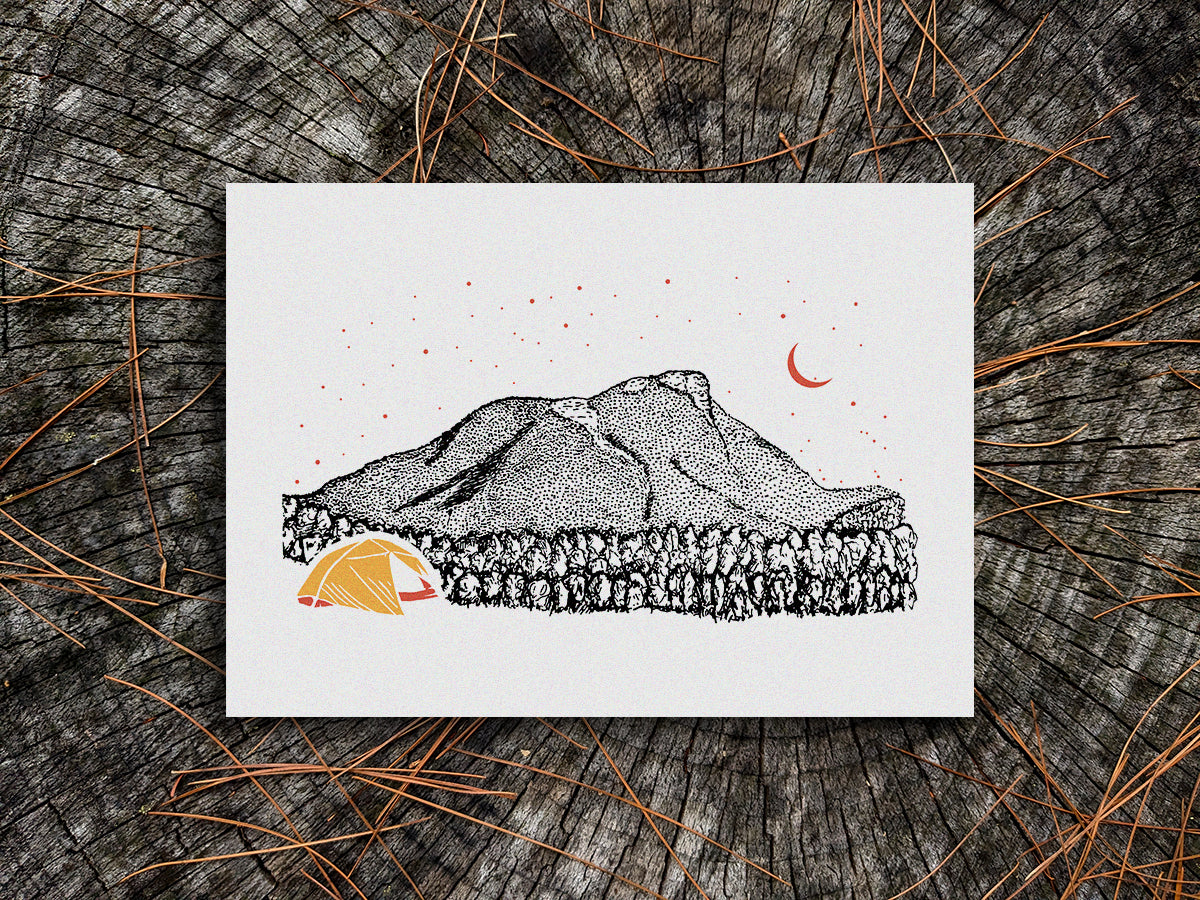 Art print of a yellow and orange tent with a mountain in the background and starry night sky