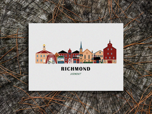 Art print of buildings arranged in a skyline with the text Richmond Vermont