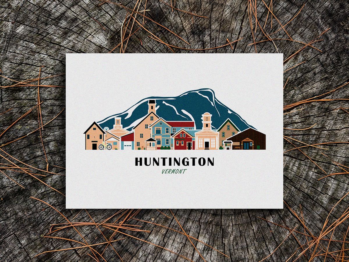Art print of buildings arranged in a skyline with the text Huntington Vermont