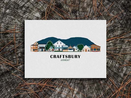 Art print of buildings arranged in a skyline with the text Craftsbury Vermont