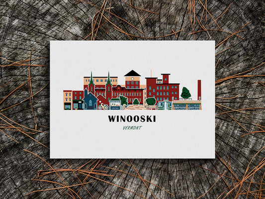 Art print of buildings arranged in a skyline with the text Winooski Vermont