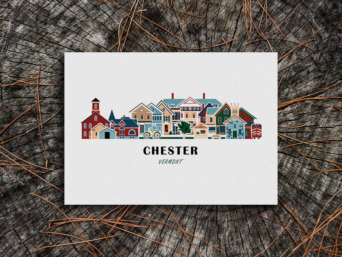 Art print of buildings arranged in a skyline with the text Chester Vermont