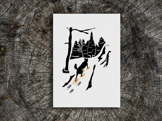 Art print of a black dog with snowshoes and forest background