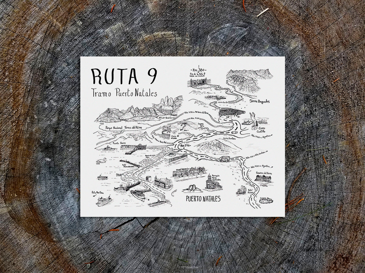 Black and white ink illustrated map with title Ruta 9 Tramo Puerto Natales of buildings, mountains and roads along scenic Route 9 of Patagonia Chile.