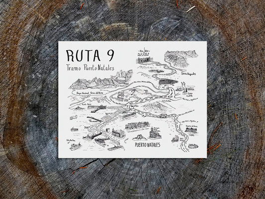 Black and white ink illustrated map with title Ruta 9 Tramo Puerto Natales of buildings, mountains and roads along scenic Route 9 of Patagonia Chile.