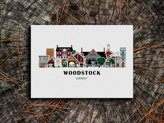 Woodstock, Vermont illustration on a white background with a rustic wooden surface.
