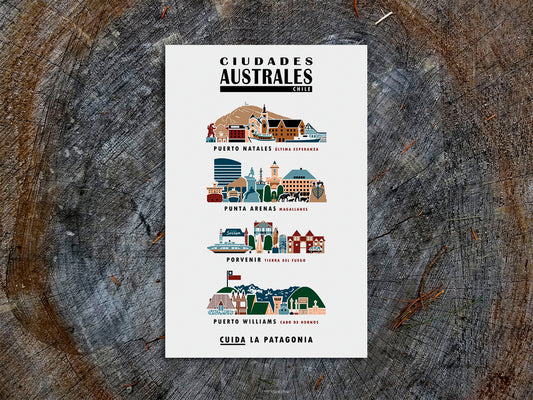 Vertical poster with buildings and landmarks in a city skyline arrangement. Poster title reads Ciudades Australes Chile, Cuida La Patagonia. And the four featured towns listed are Puerto Natales Última Esperanza, Punta Arenas Magallanes, Porvenir Tierra del Fuego, and Puerto WIlliams Cabo de Hornos.