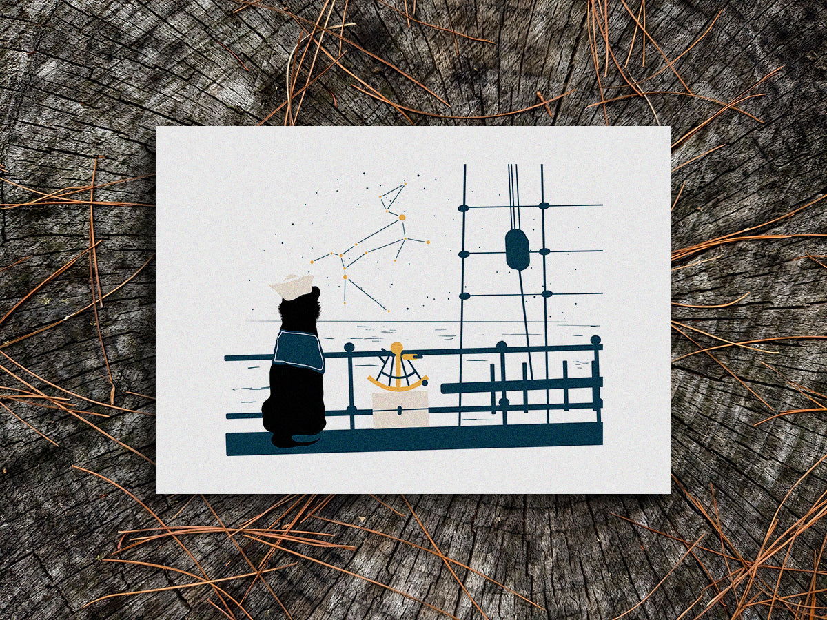 Art print with illustration of a dog looking at a constellation from a ship with a sextant