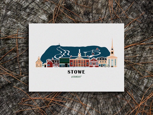 Art print of buildings arranged in a skyline with the text Stowe Vermont