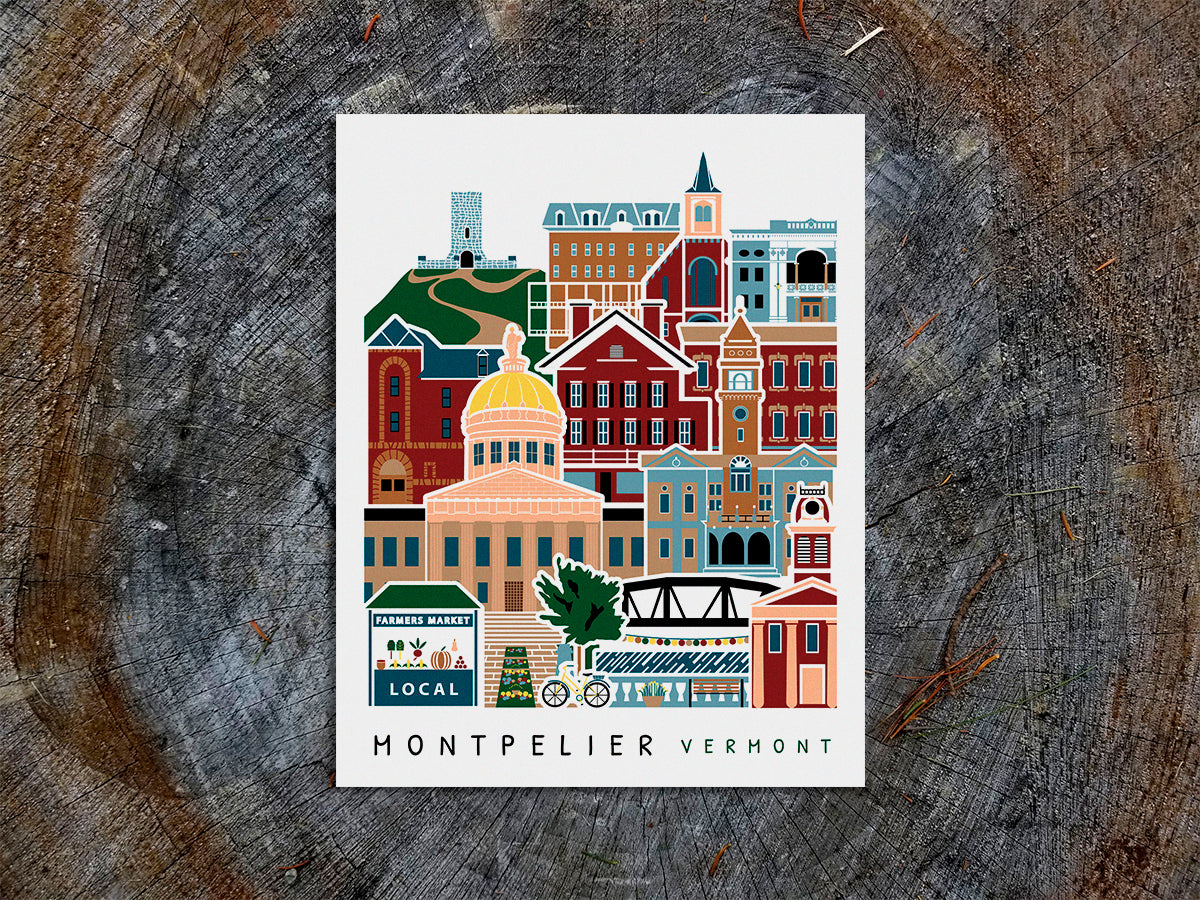 Vertical poster with buildings and landmarks in a stacked arrangement with the text Montpelier Vermont.