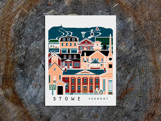 Vertical poster with buildings and landmarks in a stacked arrangement with the text Stowe Vermont.