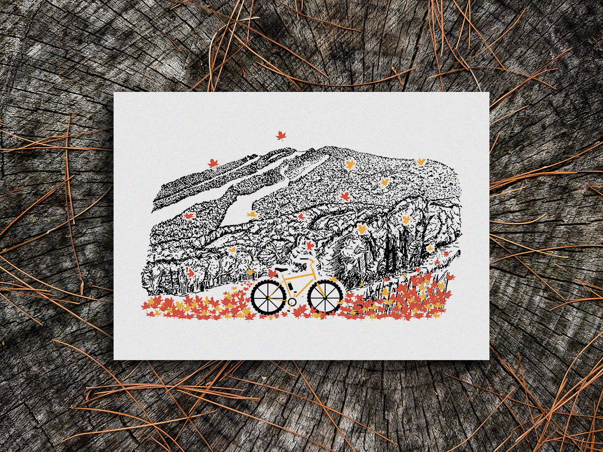 Art print with bicycle, leaves, and mountain illustration