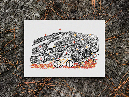 Art print with bicycle, leaves, and mountain illustration