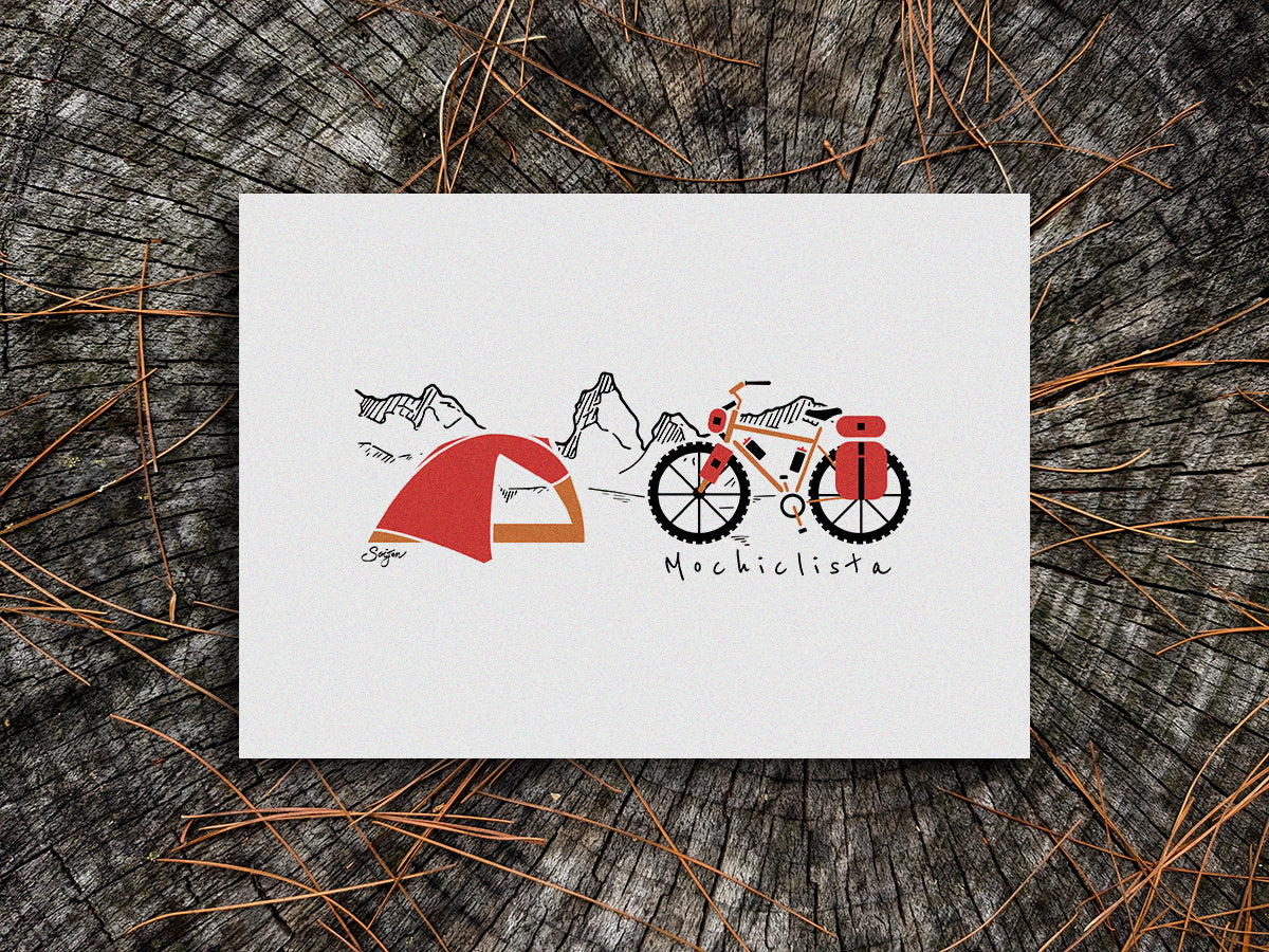 Art print of a red and orange bike and tent with mountains in the background and the text Mochiclista