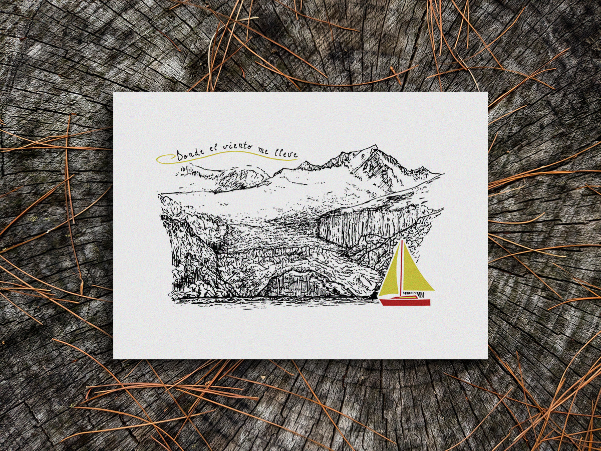 Art print of a red and yellow sailboat with mountains in the background and the text Donde el viento me lleve.