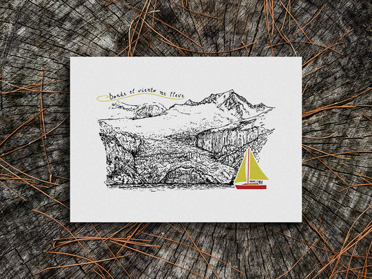 Art print of a red and yellow sailboat with mountains in the background and the text Donde el viento me lleve.