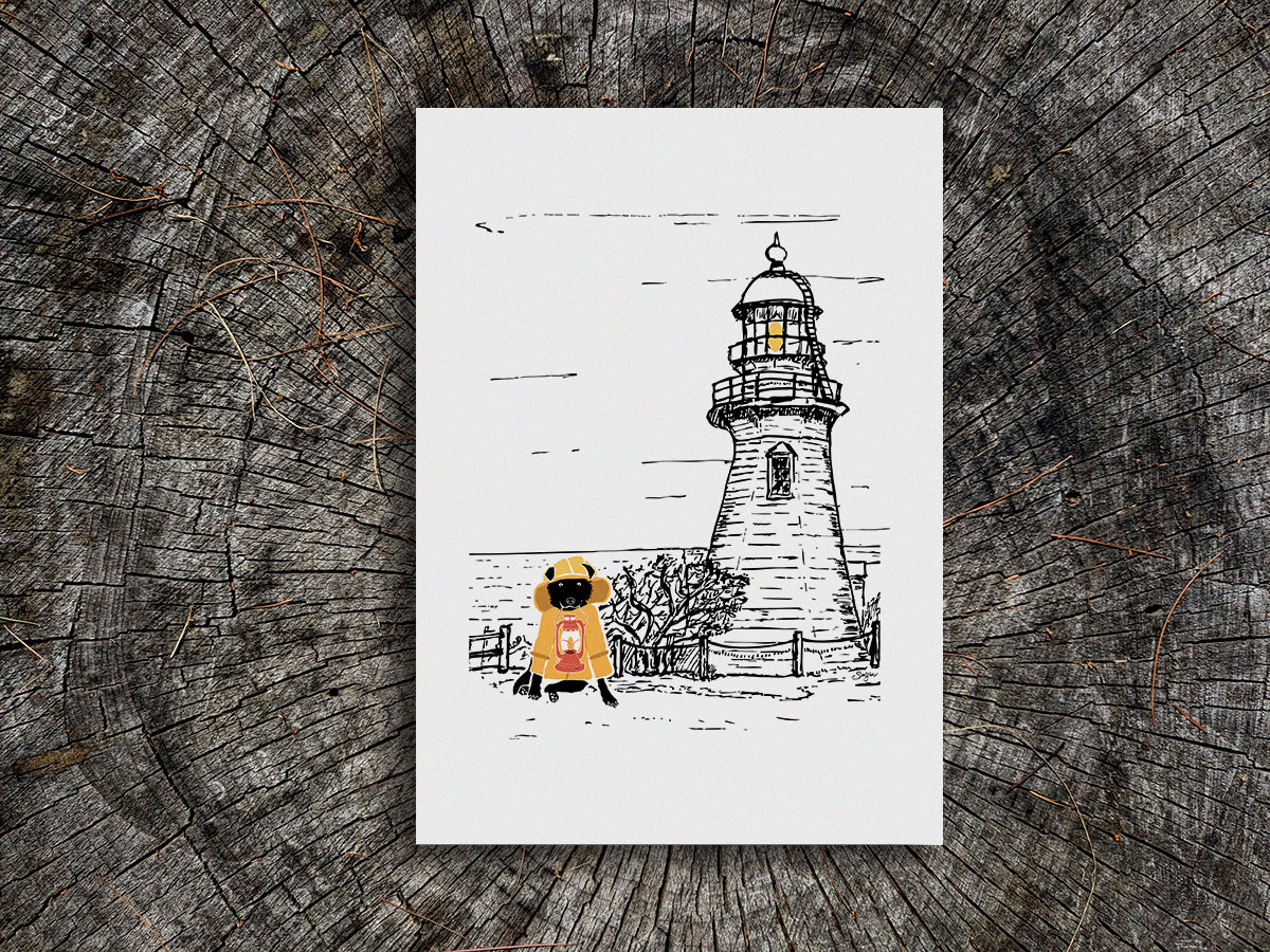 Art print with illustration of a dog in a yellow fisherman's jacket with lighthouse in the background.