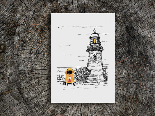 Art print with illustration of a dog in a yellow fisherman's jacket with lighthouse in the background.