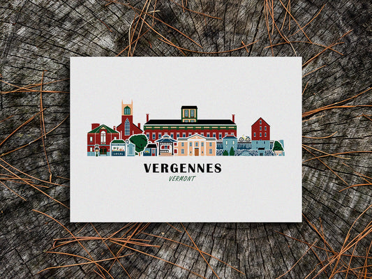 Art print of buildings arranged in a skyline with the text Vergennes Vermont