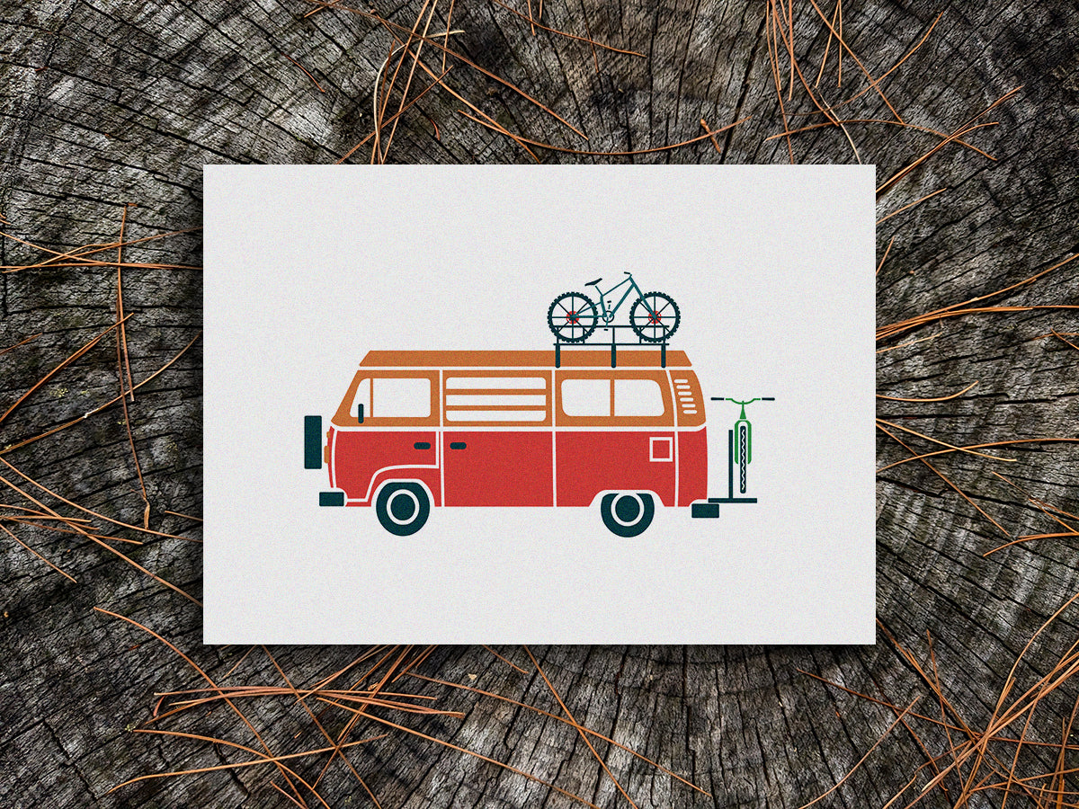 Art print of a red and orange van transporting 2 bicycles