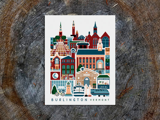 Vertical poster with buildings and landmarks in a stacked arrangement with the text Burlington Vermont.