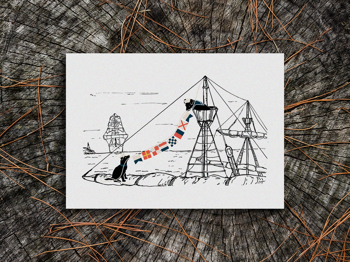 Art print with illustration of two dogs hanging nautical flags on a ship