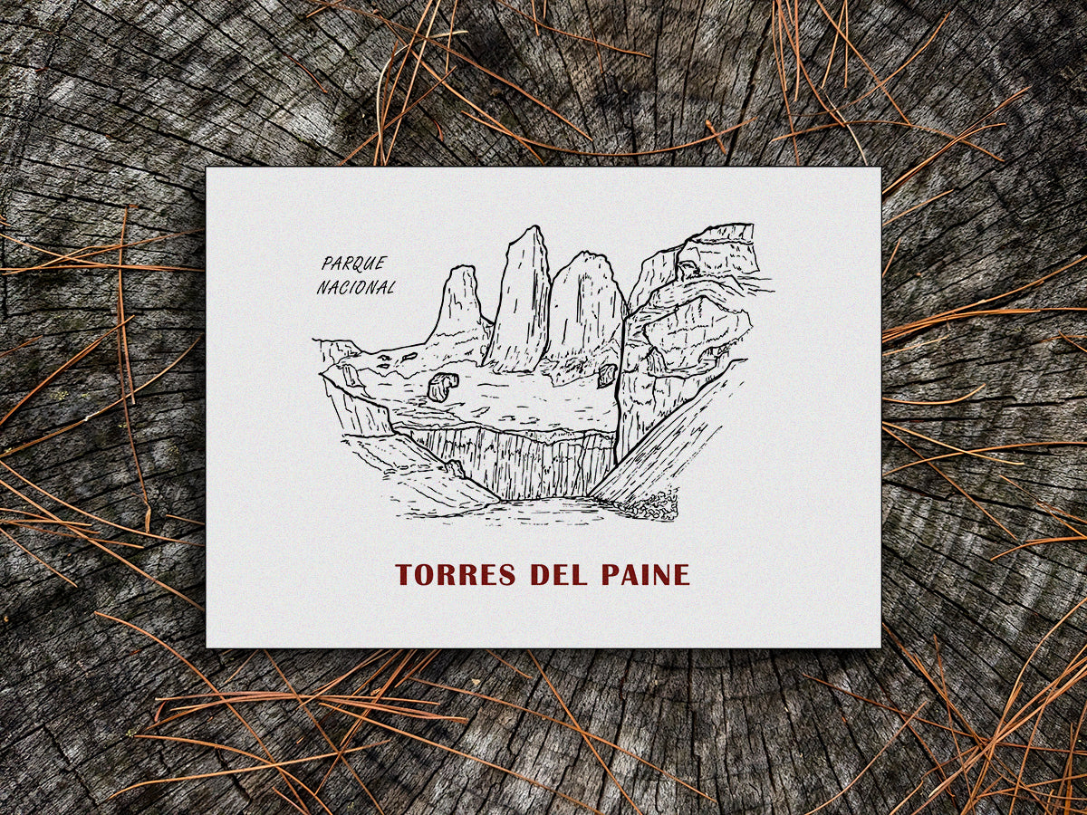 Art print of black and white mountains and the text Parque Nacional Torres del Paine