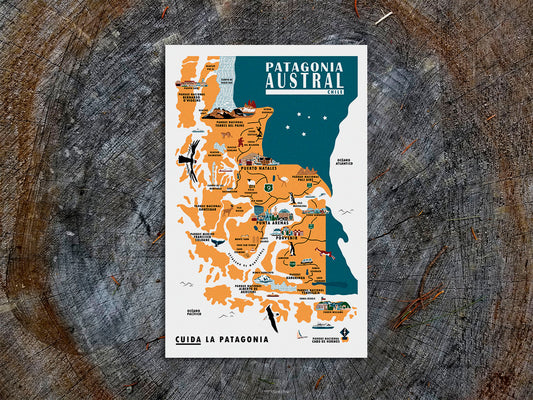 Vertical poster featuring a blue and yellow map of southern Chile with landmarks, towns and fauna. Poster title reads Patagonia Chile, Cuida La Patagonia.