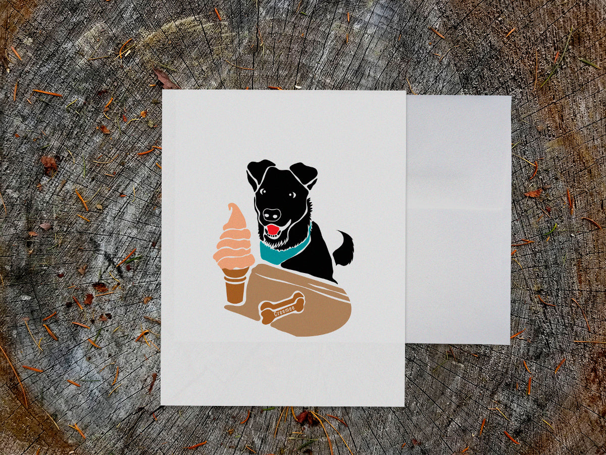 Greeting card with image of black dog looking at a creemee ice cream