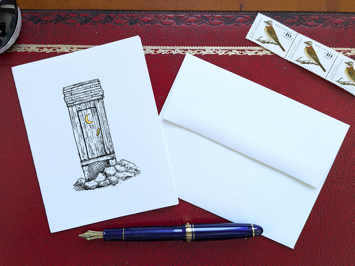 White card with a black ink drawing of an outhouse on a red surface with a pen, envelope and stamp.