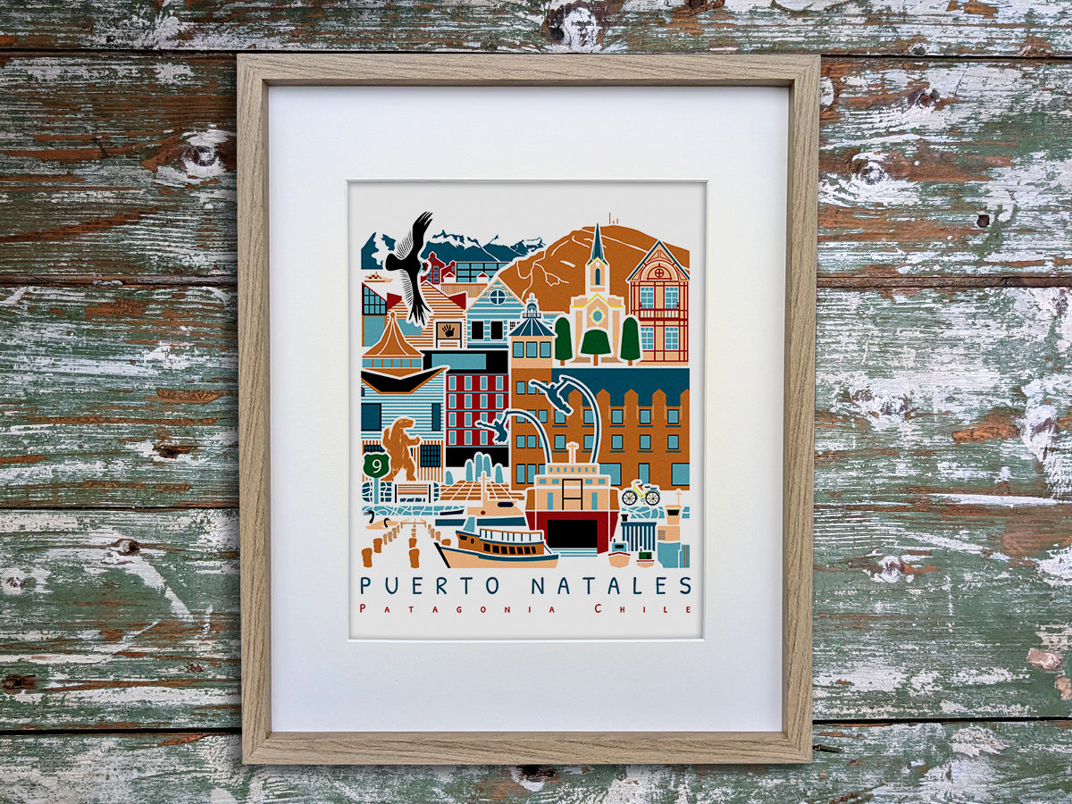 Framed vertical poster with buildings and landmarks in a stacked arrangement with the text Puerto Natales Patagonia Chile.