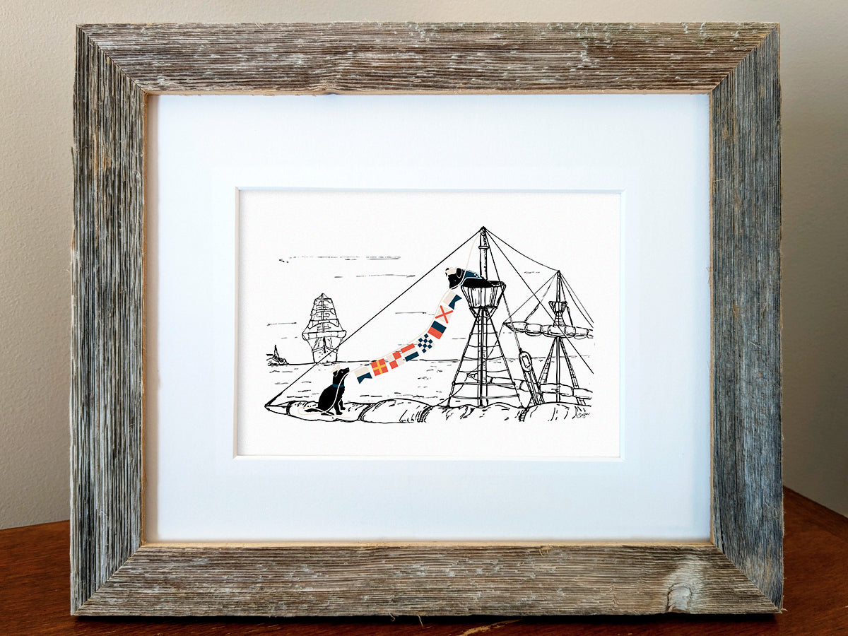Framed art print with illustration of two dogs hanging nautical flags on a ship